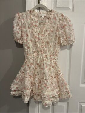 Amelie Floral Ruffle Mini Dress in Cream with Pink Roses
